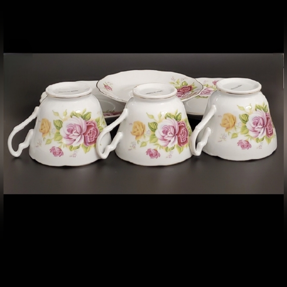(3) Pink & Yellow Roses Porcelain Teacups & Saucers with Gold Trim - Picture 8 of 11